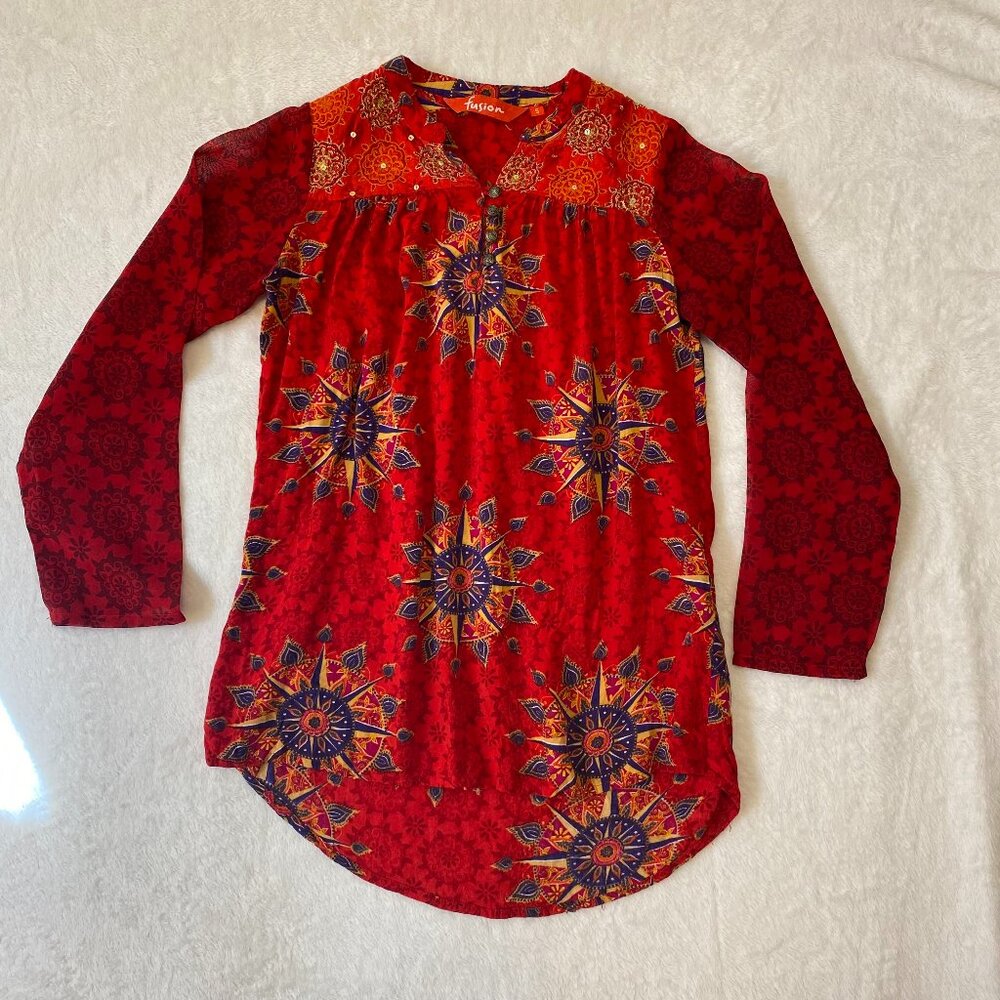 Fusion Women's Small Red Tunic Blouse Boho Whimsical Hippie Celestial